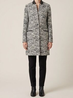 Black & White Textured Pea Coat with Contrast Collar